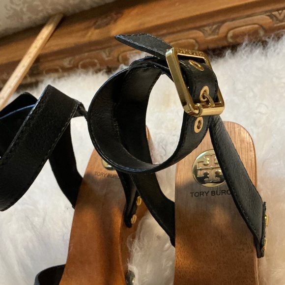 Tory Burch Risley Black Leather Wood Wedge Platform Sandal Size 9 GUC - Picture 4 of 16